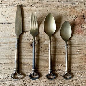 Vintage Pottery Barn Bronze Keys Flatware 4 Four Piece Set Lot Knife Fork Spoons
